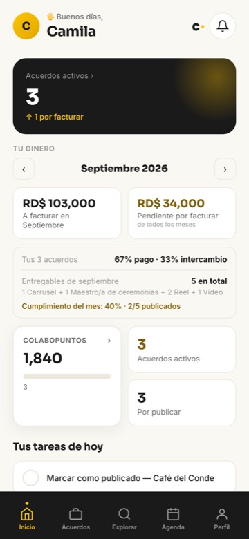 Pantalla de inicio de la app: el dinero del mes y las tareas del día